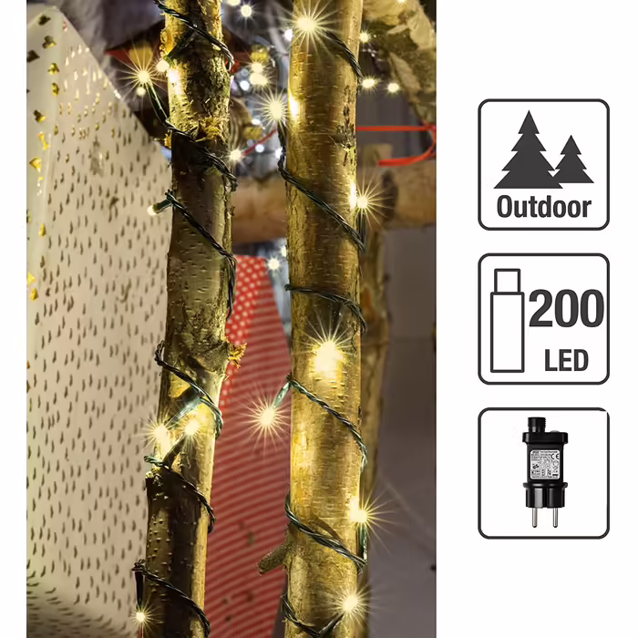 Гірлянда hellum LED для вулиці з таймером, 19,9 м, 200 теплих білих LED, електрична з зеленим кабелем, для ялинки
