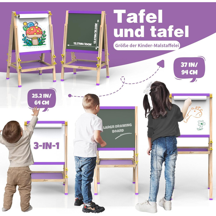 Мольберт Joyooss для дітей, регульований, дерев'яний, двосторонній, сухий маркер, з аксесуарами для малювання, подарунок для малюків 4-8 років (РОЖЕВИЙ)