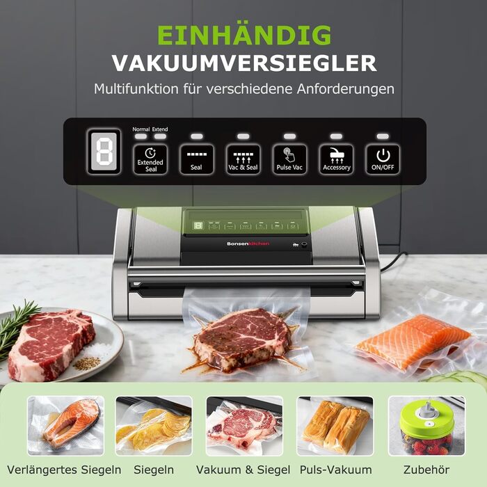 Вакууматор Bonsenkitchen VS5100 для Sous-Vide, 15 л/хв, з вбудованим різаком та кліпсою для пакетів, сріблястий