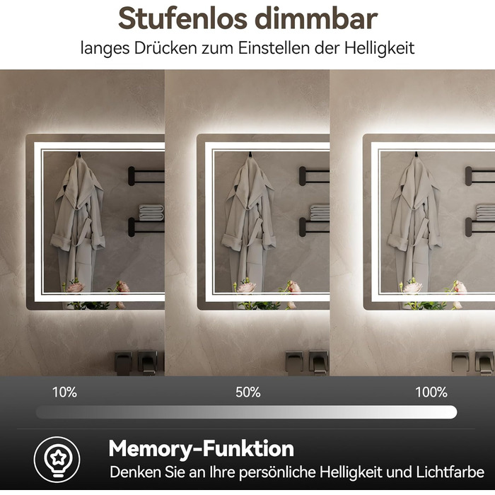 Дзеркало для ванної кімнати зі світлодіодним підсвічуванням 70x50 см, LED Smart дзеркало, антизапар, 3 кольори, регулювання яскравості, горизонтальне/вертикальне кріплення