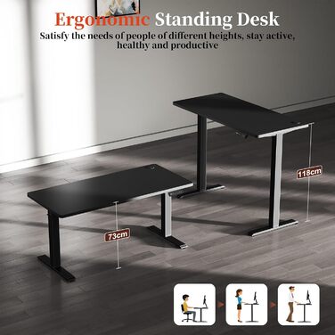 Електричний стіл 140x60 см: регульована висота, цільна стільниця, комп'ютерний стіл, без швів (чорний)