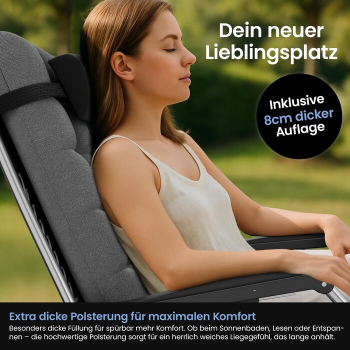 Лежак ELONEO розкладний преміум з подушкою, сонячний лежак для саду, вологостійкий, широка спинка, регульована, з подушкою для шиї та тримачем для напоїв, антрацит