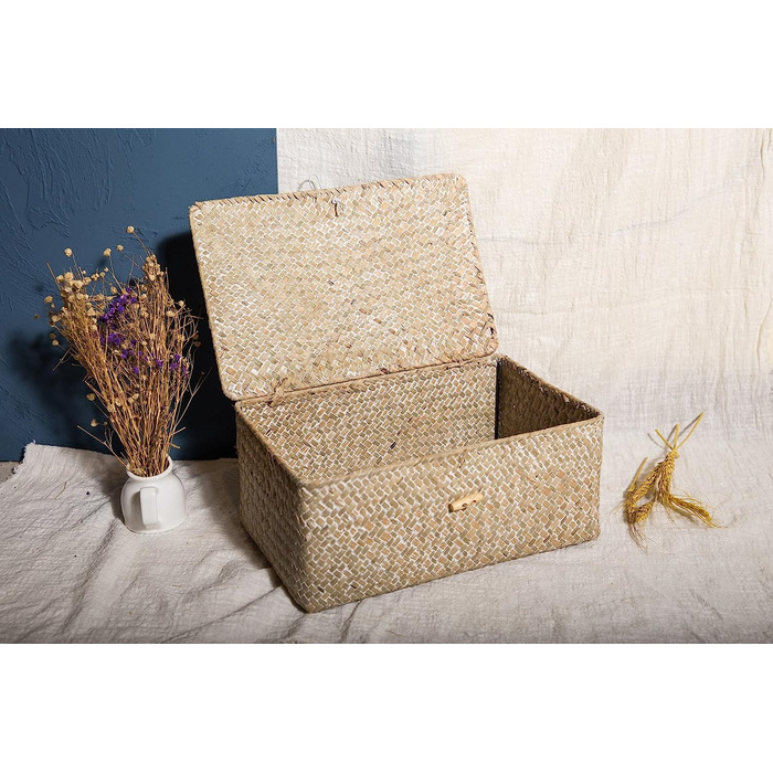 Прямокутна кошик для зберігання YSGLIFE з кришкою, плетена з ротанга з морських водоростей ручної роботи, натуральна коробка для одягу, книг і