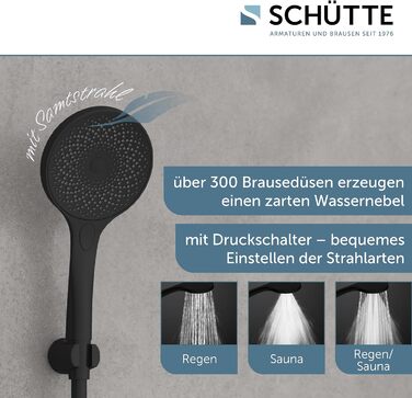 Ручний душ SCHTTE CAPRI з технологією оксамитового розпилення душова лійка з понад 300 струменями та 3 регульованими режимами розпилення душова лійка проти накипу для душу (чорна)