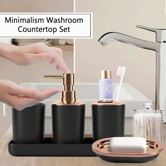 Набір аксесуарів для ванної кімнати, чорний: сміттєвий бак, дозатор мила, миска, щітка для унітазу, тримач для зубних щіток, попільничка, піднос, контейнер для ватних паличок, органайзер для стільниці, подарунковий набір, чорний/золотистий