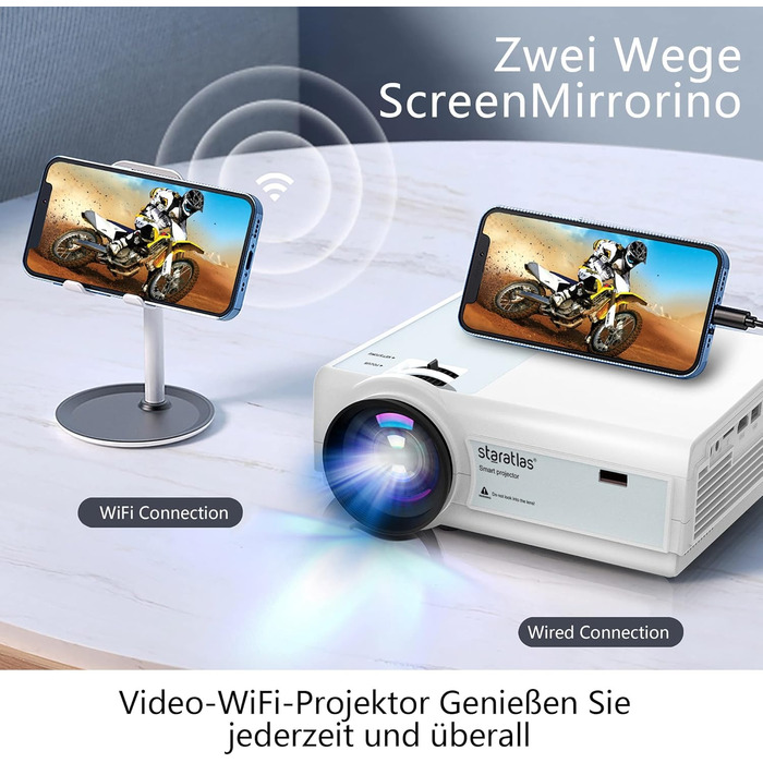 Проектор Staratlas Beamer 5G WiFi Bluetooth Full HD 12000 Lumen, Native 1080P 4K, для домашнього кінотеатру, сумісний з iOS/Android/Fire Stick/HDMI/USB/PS5, білий