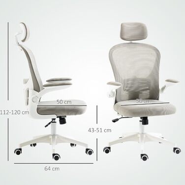 Офісне крісло Vinsetto з високою спинкою, сітчаста тканина, комп'ютерне крісло з обертовою підголівником, 4D поперекова підтримка, відкидні підлокітники, регульована висота, Білий (Сірий)