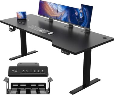 Регульований стіл JUMMICO 180 x 85 см L-подібний, електричний, для геймінгу, з гачками (чорний)