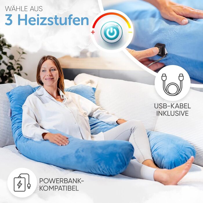 Лотос Подушка для тих, хто спить на боці [З підігрівом] XXL Комфортна подушка для вагітних та годуючих | Хмарно-блакитний