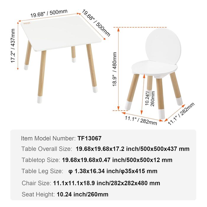 Дитяча розсадна група VEVOR 1 стіл, 2 стільці з соснового дерева, міцні дитячі меблі для дівчаток і хлопчиків, білі