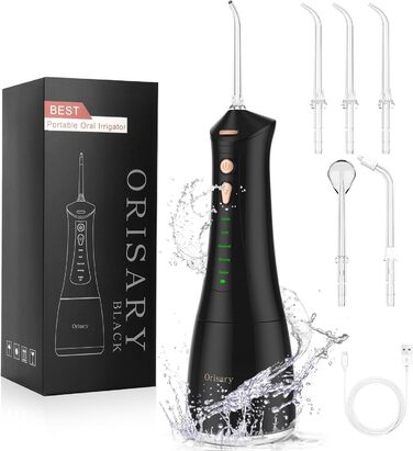 Електричний ірigator для порожнини рота Munddusche, 5 режимів, 5 насадок, 300 мл резервуар, перезаряджається, для чищення зубів та ясен, водонепроникний IPX7, чорний