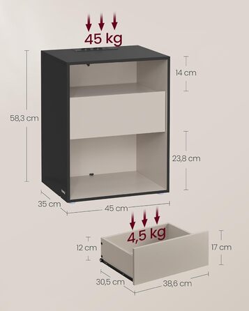 VASAGLE тумбочка з USB зарядкою, безінструментальна збірка, спальня, з шухлядою, чорна-капучино LET777B04