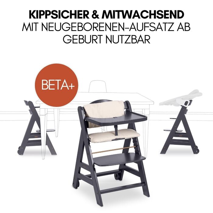 Високий стільчик для годування Hauck Beta+ Newborn Set - комплект для новонароджених, від народження з 2-в-1 люлькою-гойдалкою, подушкою для сидіння та підносом для їжі - Темно-сірий
