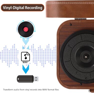 Вініловий програвач з динаміками і Bluetooth 5.4, USB, RCA/AUX, 33/45/78 об/хв, портативний ретро-кейс, коричневий