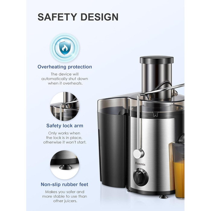 Соковитискач Reemix для овочів та фруктів, професійний з нержавіючої сталі, 500W, 3 швидкості (Чорний)