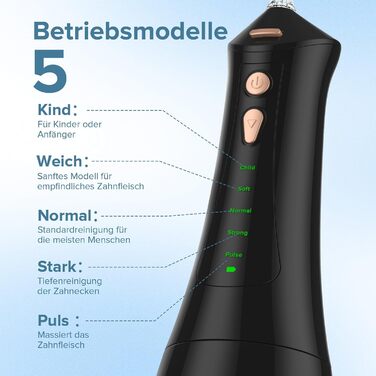 Електричний ірigator для порожнини рота Munddusche, 5 режимів, 5 насадок, 300 мл резервуар, перезаряджається, для чищення зубів та ясен, водонепроникний IPX7, чорний