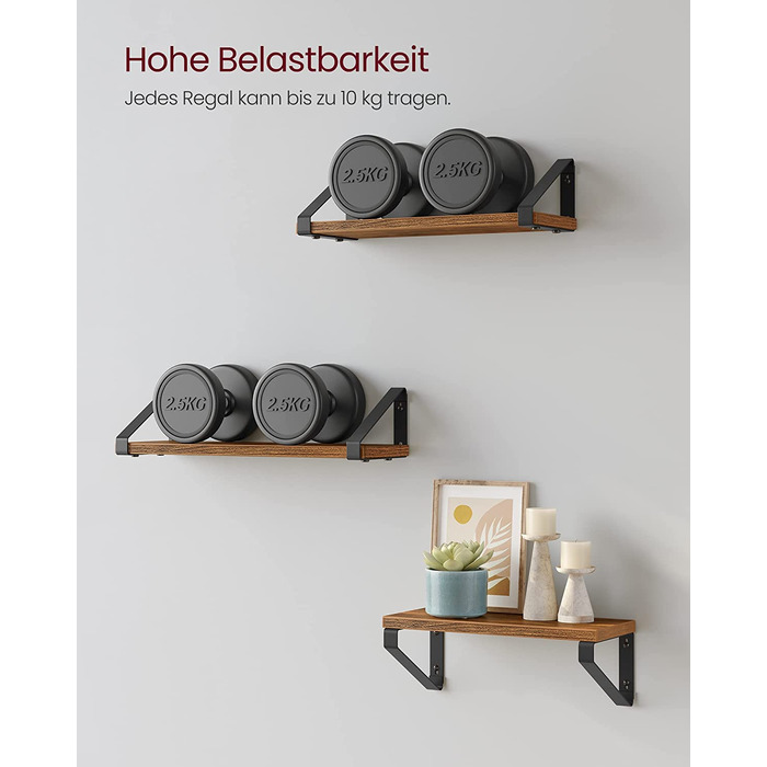 Настінна полиця VASAGLE, 6 шт. у наборі, 30/35/40 см, вінтажний коричневий + матовий чорний, для вітальні, кухні, кабінету, ванної кімнати
