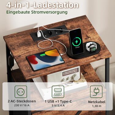 Нічний столик Somdot з підзарядкою, LED, розеткою (USB, Type-C) для спальні, вітальні, дитячої кімнати. Нічний столик, тумбочка, 30x40x60 (2 висувні ящики), деревоподібний масив, 2