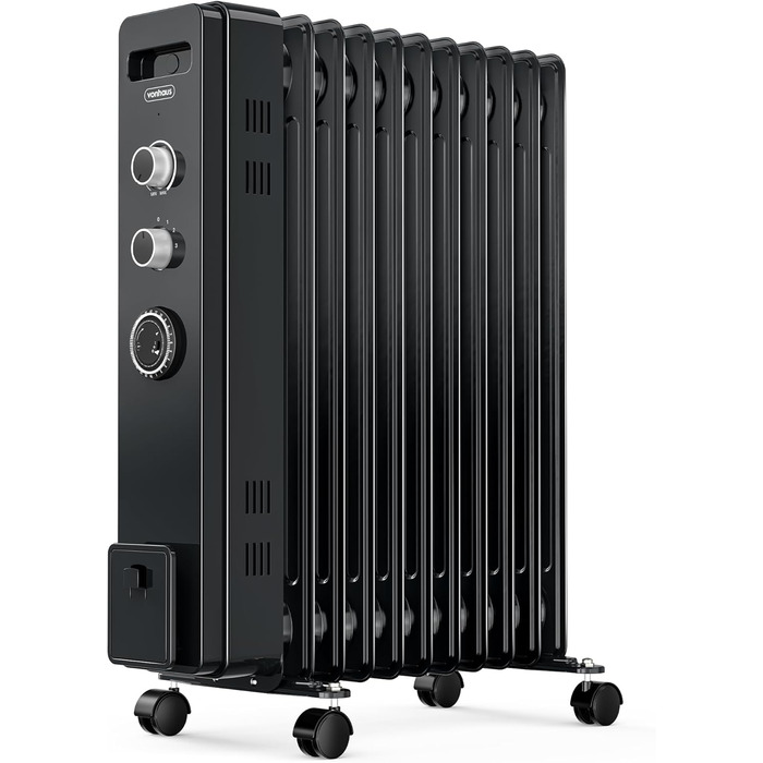 Масляний радіатор VonHaus 2.5 кВт з термостатом - білий/чорний, 11 ребер | Електричний обігрівач для дому та офісу