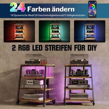 Стійка для Hi-Fi апаратури на 4 рівні з розетками, регульованими полицями, колесами та LED-підсвічуванням (керування через додаток) | 60x51x85 см | Дерев'яно-сталева стійка для програвачів, медіа-пристроїв