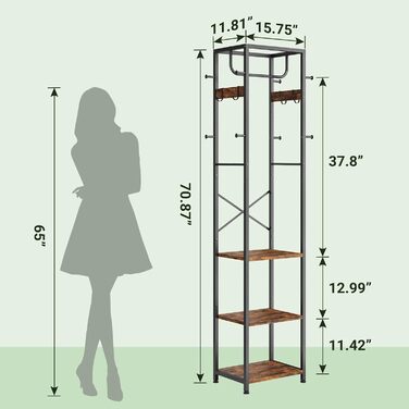 Вільна стійка для одягу ELYKEN з 3 полицями та 12 гачками, для передпокою, спальні, офісу, шафа-органайзер для шапок, пальто, шарфів, рустичний коричневий