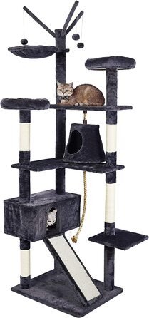 Котяче дерево з морської фіалки для великих кішок XXL, міцне котяче дерево товщиною 210 см, з розширеною і потовщеною нижньою пластиною, високоякісним сизалем і 2 будиночками сірого кольору.