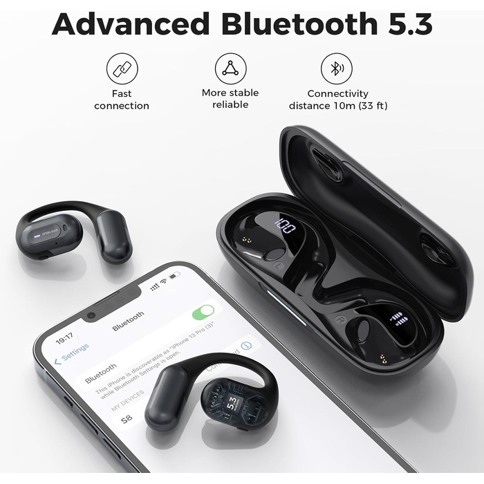 Навушники BNARQP з відкритим вухом, Bluetooth 5.3, Hi-Fi 3D Sound, IPX7, Painless, Black-S8-AU