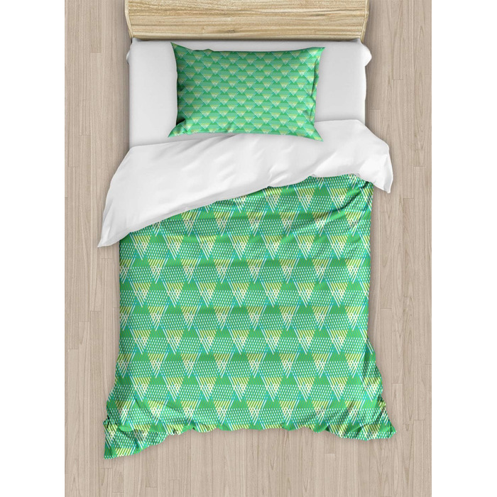Абстрактний набір підковдр для односпальних ліжок, смугасті трикутники хіпстерський, стійкий до кліща Алергікам підходить з наволочкою, 130 x 200 см - 70 x 50 см, морський зелений і білий