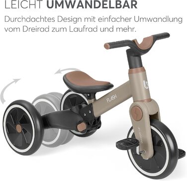 KikkaBoo Flash 5-в-1: Триколісний велосипед-каталка для дітей від 18 місяців, бежевий. З регульованою ручкою, EVA колеса, сталевий каркас.