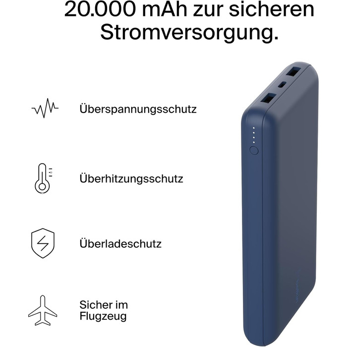 Повербанк Belkin 20K, 20 000 мАг, USB-C/USB-A, включаючи кабель, для iPhone, Galaxy, Pixel - синій