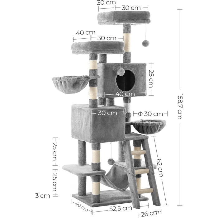 Кігтеточка FourFurPets 160 см, 2 платформи, 2 дупла, 2 кошики, гамак, плюшеві м'ячі, сходи з сизалю, світло-сірий