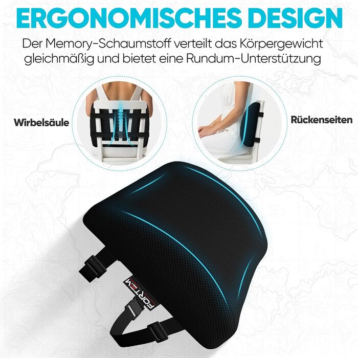 Подушка під поперек FORTEM для авто та офісного крісла, ортопедична підтримка спини з ефектом пам'яті (Memory Foam), дихаюча сітчаста оббивка, чорна