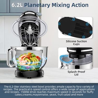 Кухонна машина Cheflee 2000W з чашею 6.2L з нержавіючої сталі, 6 швидкостей, низький шум, міксер, гак для тіста, захист від бризок, чорна