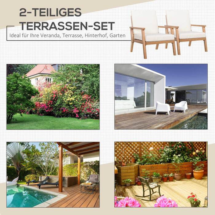 Outsunny Garden Chairs Набір з 2 зручних садових крісел з подушками, з деревини тополі, для балкона та саду, 66x77.5x74.5 см | Aosom