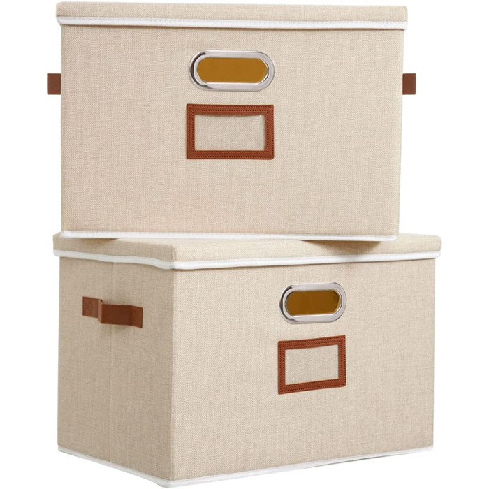 Ящик для зберігання OUTBROS з кришкою і ручкою, складаний ящик для зберігання з тканини кошика для зберігання з кишенею для етикеток, органайзер для іграшок, одягу, книг, 32 х 23 х 20 см 3 шт. (бежевий, дуже великий (2 упаковки))