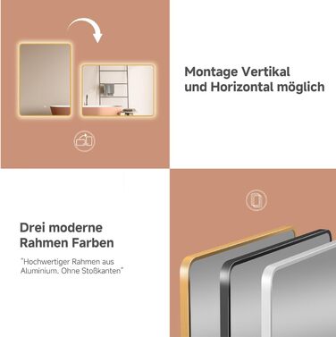 LED дзеркало для ванної кімнати HOKO Texas 60x80 см / 80x60 см з підсвічуванням, протитуманним покриттям та чорним металевим каркасом. Можливість встановлення вгору та вбік. Сенсорне керування + світло, регулювання кольору 2700-6500K (тепле, холодне, нейт