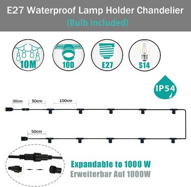 Вуличний струнний світильник, розширюється 1000 Вт, 10 шт. S14 LED E27 IP65, декор для вечірки в саду, чорний, 10M