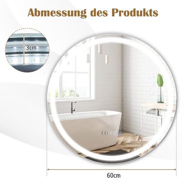 LED дзеркало для ванної кімнати Relax4Life з підсвічуванням, сенсорним вимикачем, протитуманним покриттям, регулюванням яскравості, 3 кольорами світла, індикатором часу та температури (60 x 60 см)