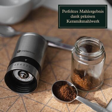 Ручна кавомолка з нержавіючої сталі з керамічним жорном | 6 ступенів помолу | для еспресо та фільтр-кави | ідеальна для дому | срібна