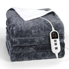 Електрична гріюча ковдра з автоматичним вимкненням, 10 температурних режимів, таймер до 9 годин, фланель та шерпа 160 x 130 см, придатна для прання в машині, захист від перегріву, сіра ковдра для софи та офісу 160x130CM