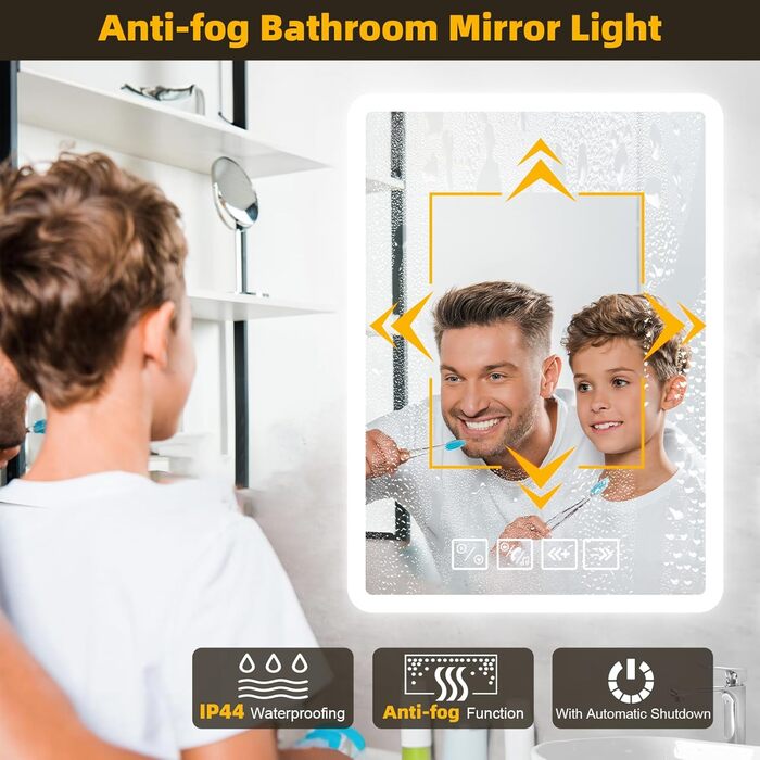 Дзеркало для ванної кімнати з підсвіткою 50x70 см з Bluetooth, годинником, функцією проти запотівання та сенсорним вимикачем