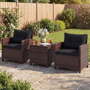 Садовий набір меблів COSTWAY з ротангу 3 предмети: 2 крісла, стіл зі скляною стільницею, подушки. Меблі для балкона та тераси на 2 особи, вуличні, коричнево-чорні