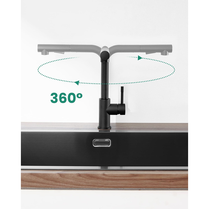 Змішувач для кухні високого тиску ANYCEE, поворотний на 360, висувний, два типи струменя, чорний