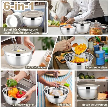 Набір мисок HaWare 6 шт. з нержавіючої сталі з кришками та набором терок, 4.6л/2.8л/2.5л/1.6л/1.2л/0.7л, з силіконовим дном, для миття в посудомийній машині