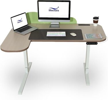 Електричний кутовий стіл з регулюванням висоти 150 см, L-подібний, з 4-ма пам'ятями, з'єднувальною панеллю, для дому та офісу (150x68 см, світло-коричневий/зелений)