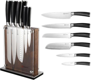 Набір кухонних ножів Keemake 7 предметів з дерев'яним блоком, професійний набір кухонних ножів з нержавіючої сталі, міцні та гострі