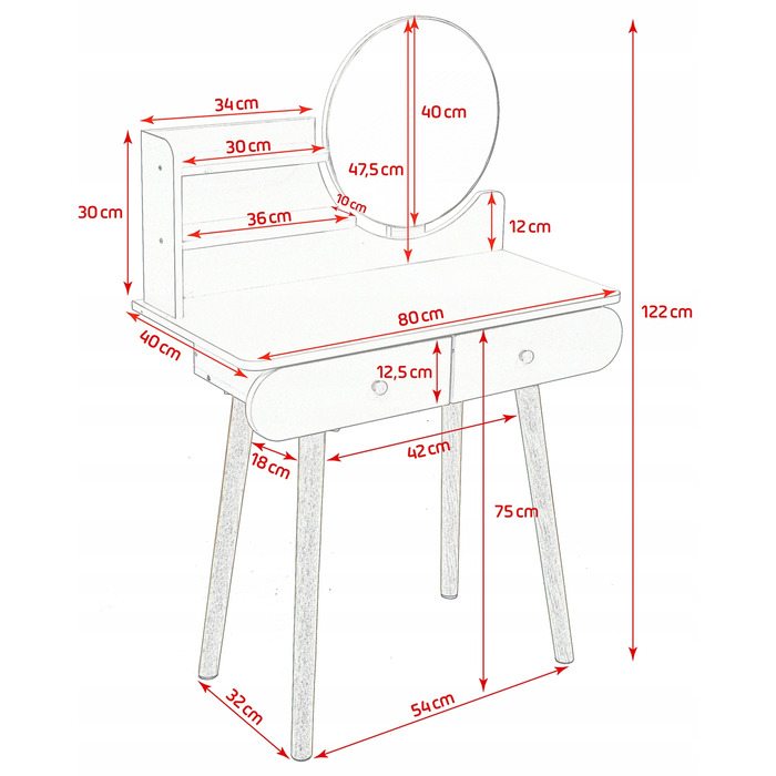 Туалетний столик Jumi, світлий дуб, матовий, 80 x 122 x 40 см