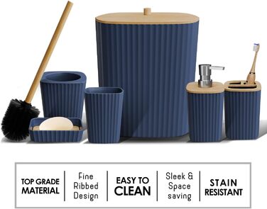 Набір аксесуарів для ванної кімнати Clara Clark – 6-piece, морської блакитний колір, WC-щітка, сміттєвий бак, дозатор мила