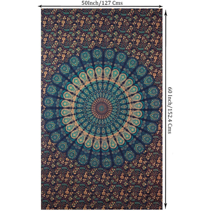 Настінний розпис Мандала психоделічний Павич гобелени Бірюзовий - - декоративна велика Мандала індійський настінний рушник богемний гобелен в стилі бохо Гоа для кімнат, спалень гобелени (синьо-зелений, 127x152 см)