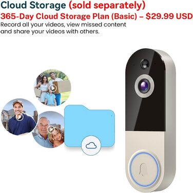 Відеодзвінок бездротовий 1080P з AI-розпізнаванням, нічне бачення, 2-сторонній аудіо, на батарейках, хмарне сховище, Wi-Fi 2.4 ГГц, для внутрішнього та зовнішнього використання